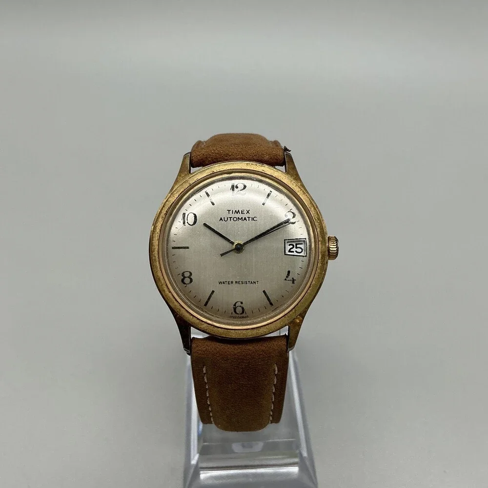 Vintage Timex Automatic Mens Watch 35mm Gold Tone Date Brown Leather Strap